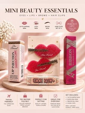 Benefit Too Faced Pink Lip Clips & Makeup Mini deluxe Gift Set NWT